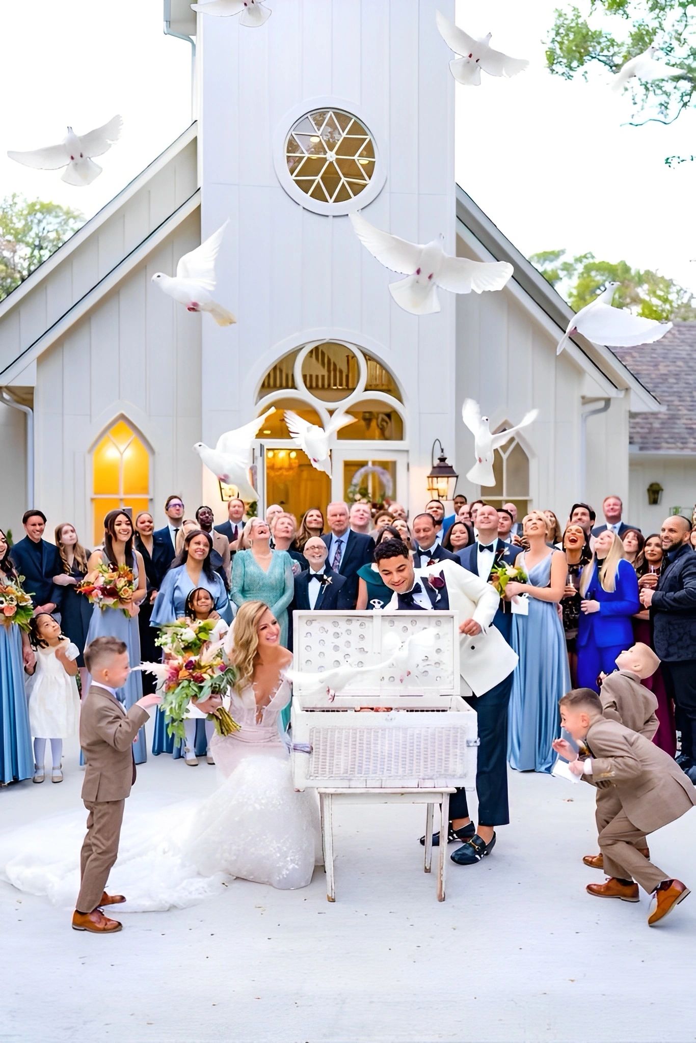 Wedding ceremony with white dove release outside chapel